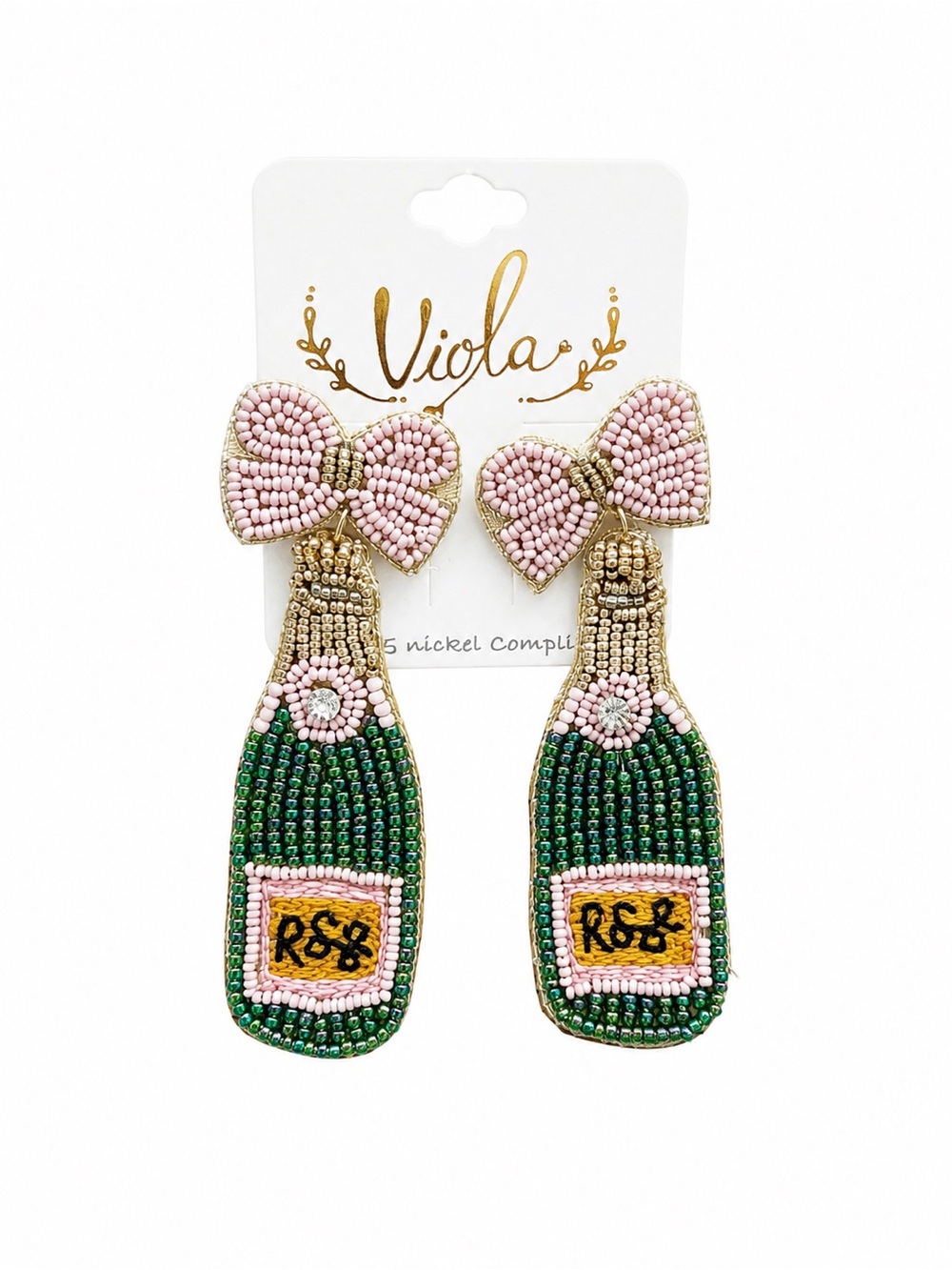 Viola Beaded Rosé Champagne Bottle Statement Earrings Pink Bow Novelty NWT